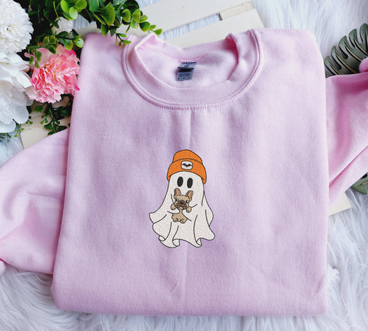 Ghost Holding Puppy Halloween Embroidered Sweatshirt