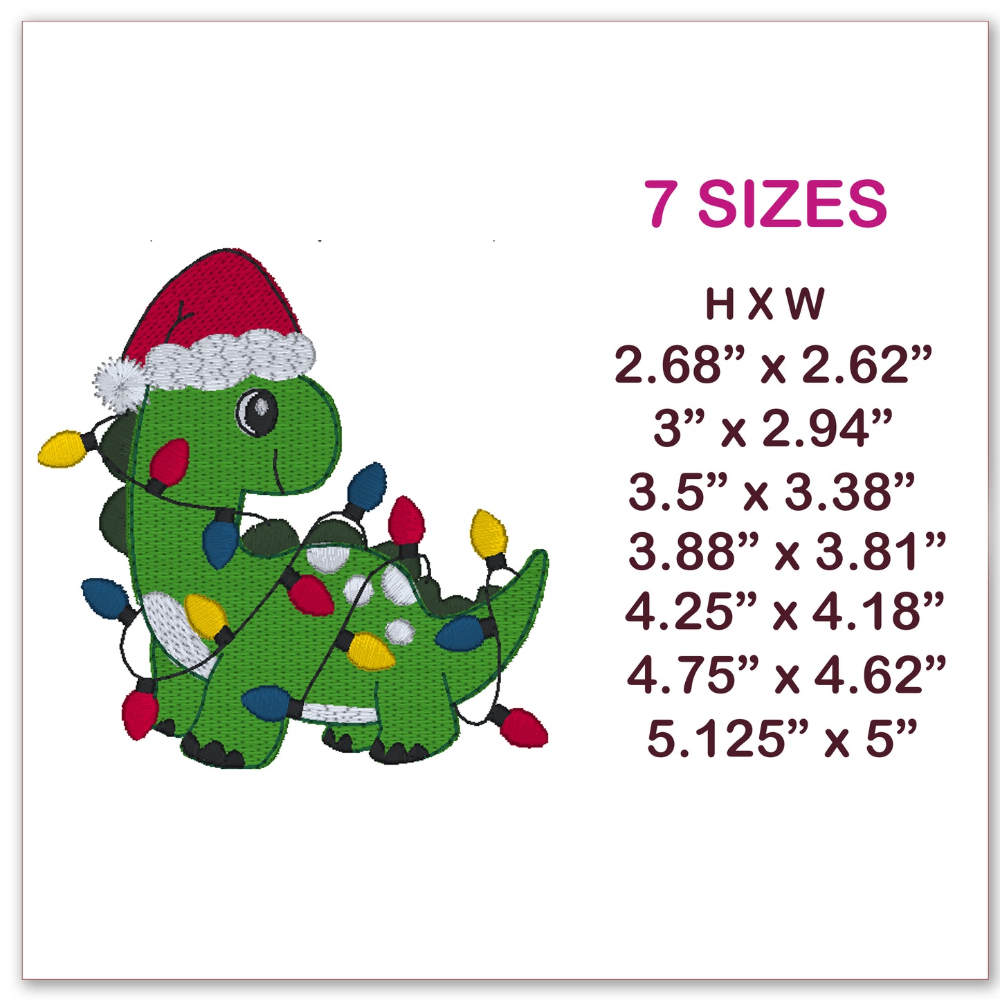 Dino Christmas Embroidery Design 7 Sizes, Instant Digital File Download