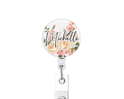 Personalized Name Floral Button Badge Reel