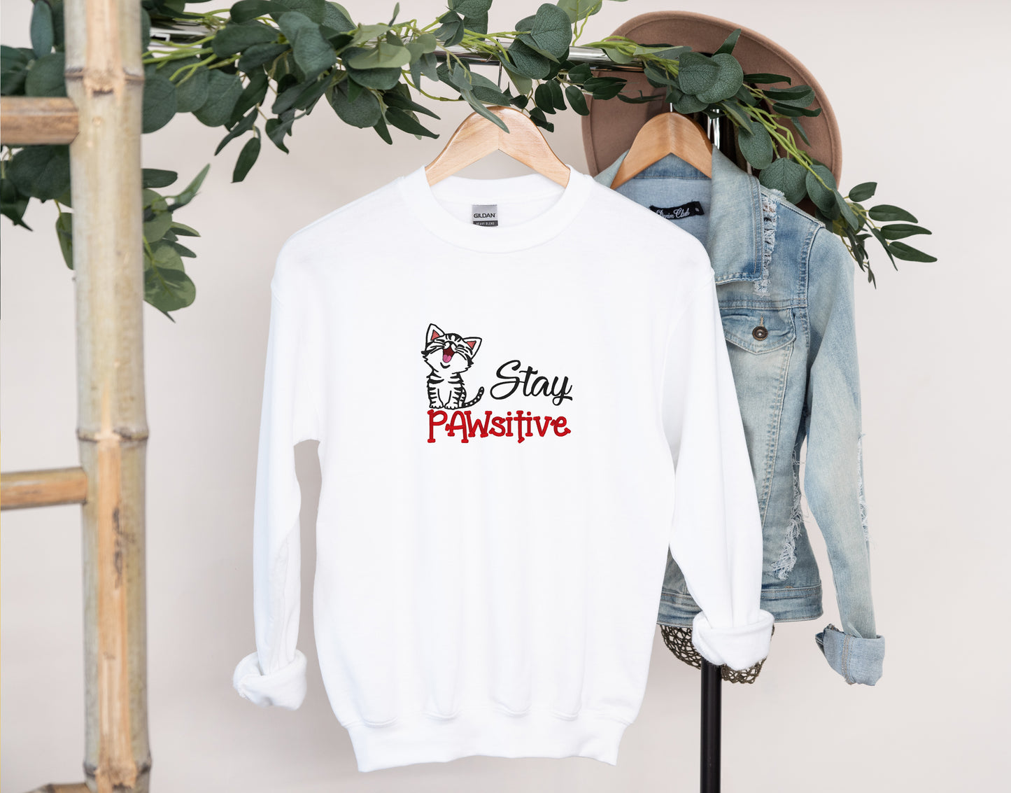 Stay Pawsitive Embroidered Crewneck Sweatshirt