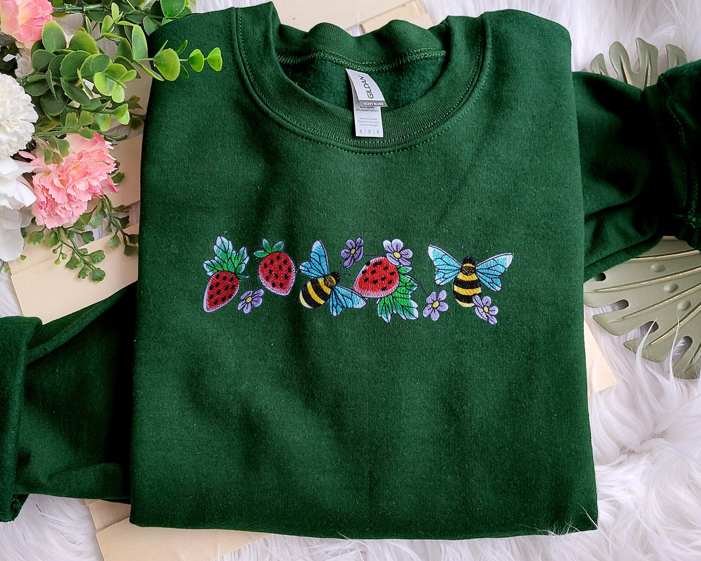 Strawberries and Bees Embroidered Crewneck Sweatshirt, Gift for Mama, Gift for Her