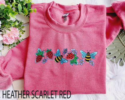 Strawberries and Bees Embroidered Crewneck Sweatshirt, Gift for Mama, Gift for Her