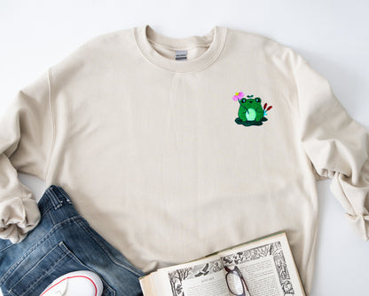 Cute Frog Embroidered Crewneck Sweatshirt