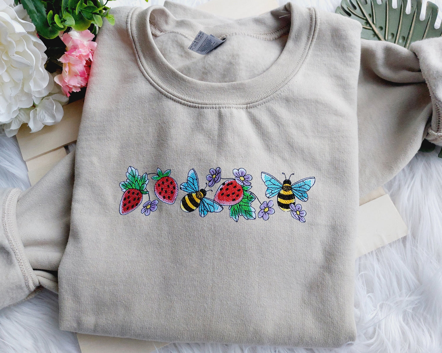 Strawberries and Bees Embroidered Crewneck Sweatshirt, Gift for Mama, Gift for Her