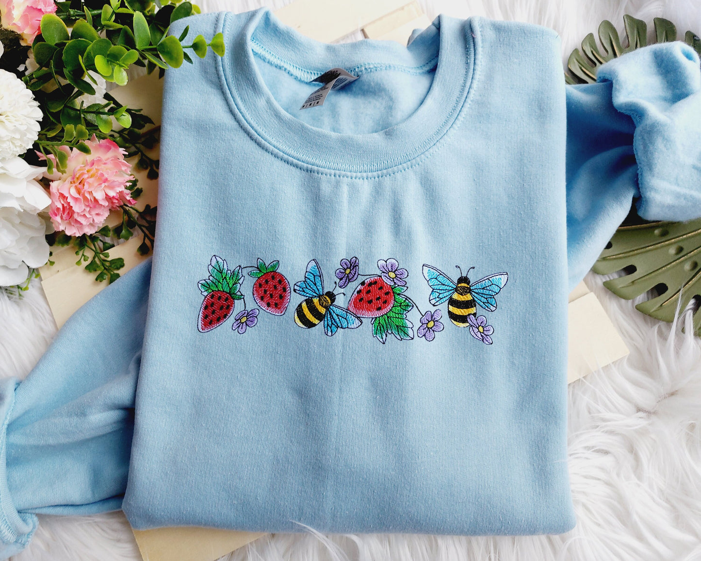 Strawberries and Bees Embroidered Crewneck Sweatshirt, Gift for Mama, Gift for Her