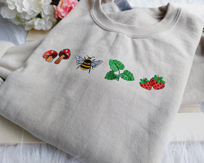 Mushroom Strawberry Bee Leaves Embroidered Crewneck Sweatshirt, Gift for Mama, Gift for Her