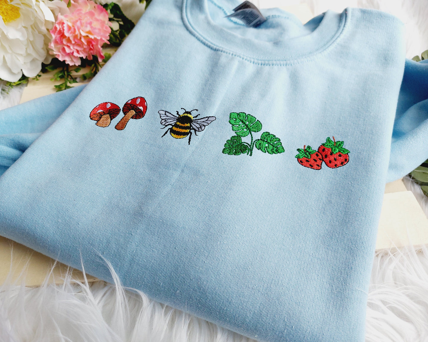 Mushroom Strawberry Bee Leaves Embroidered Crewneck Sweatshirt, Gift for Mama, Gift for Her