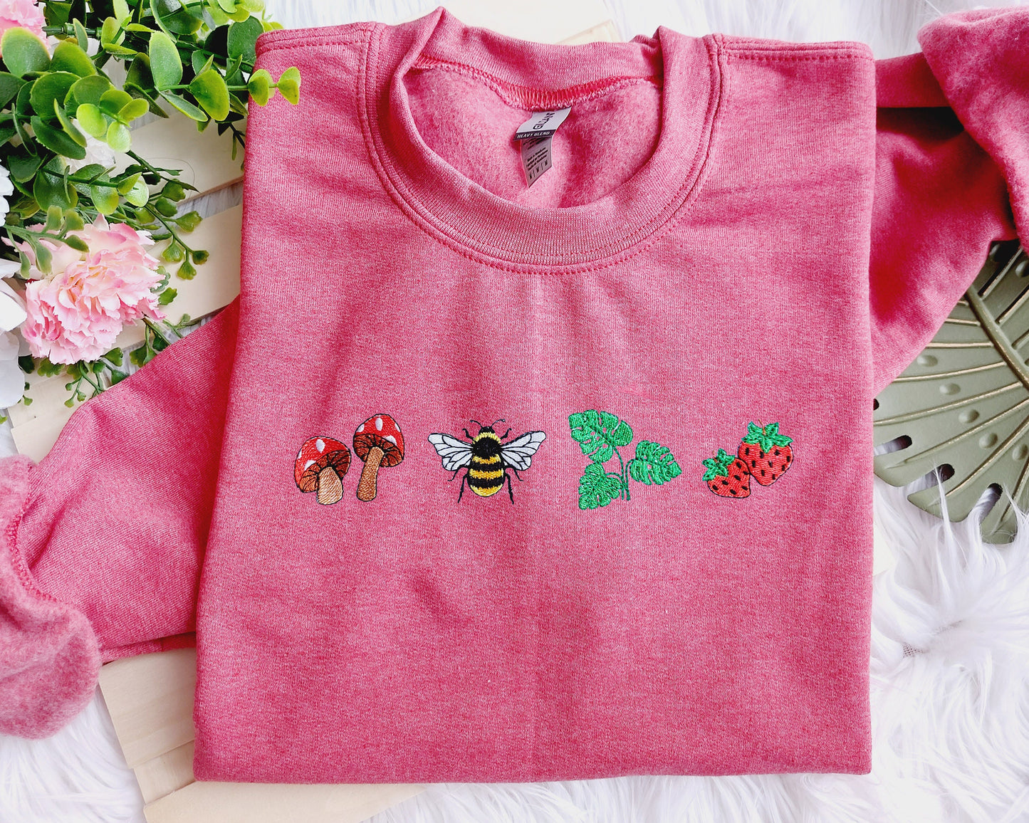 Mushroom Strawberry Bee Leaves Embroidered Crewneck Sweatshirt, Gift for Mama, Gift for Her