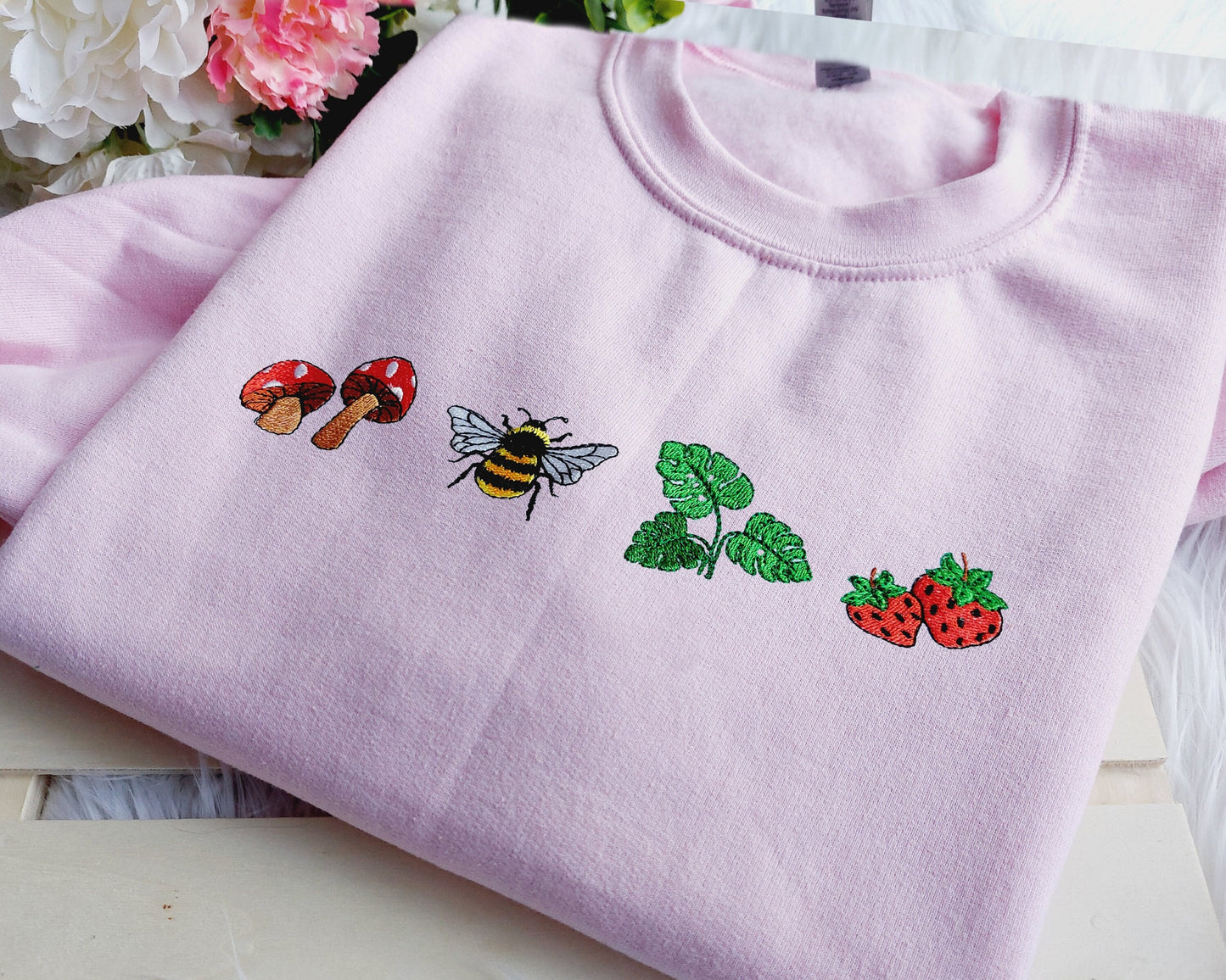 Mushroom Strawberry Bee Leaves Embroidered Crewneck Sweatshirt, Gift for Mama, Gift for Her