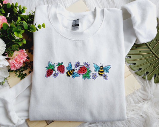 Strawberries and Bees Embroidered Crewneck Sweatshirt, Gift for Mama, Gift for Her