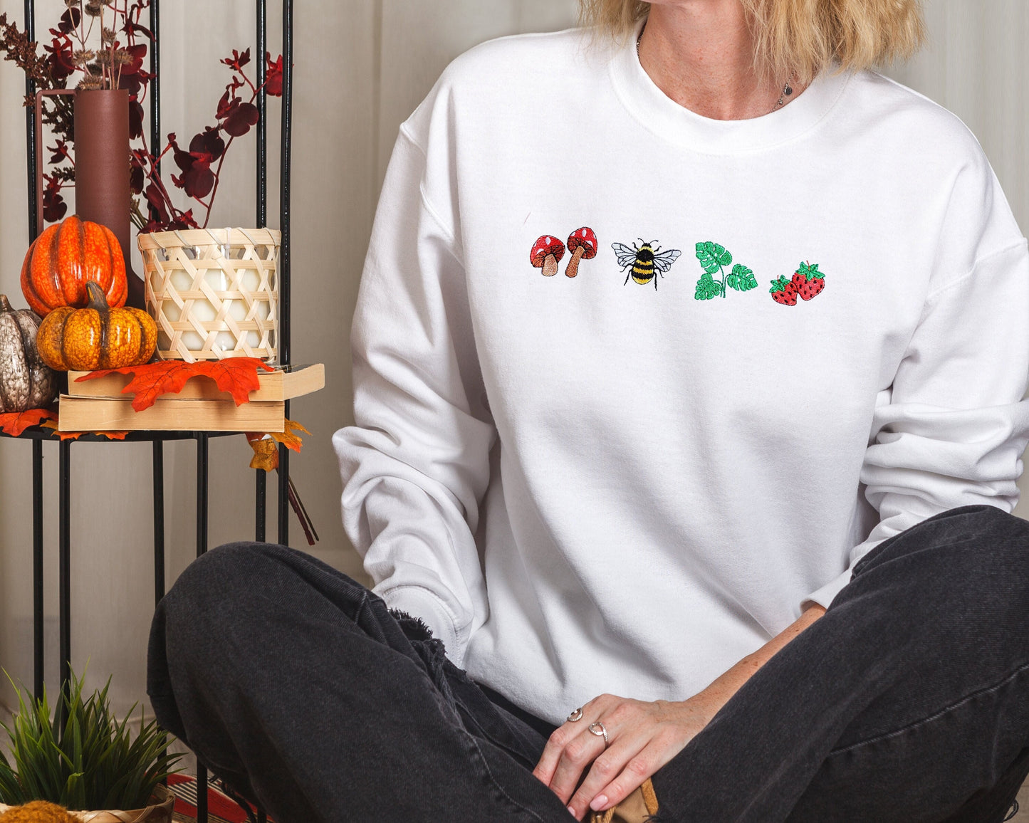 Mushroom Strawberry Bee Leaves Embroidered Crewneck Sweatshirt, Gift for Mama, Gift for Her