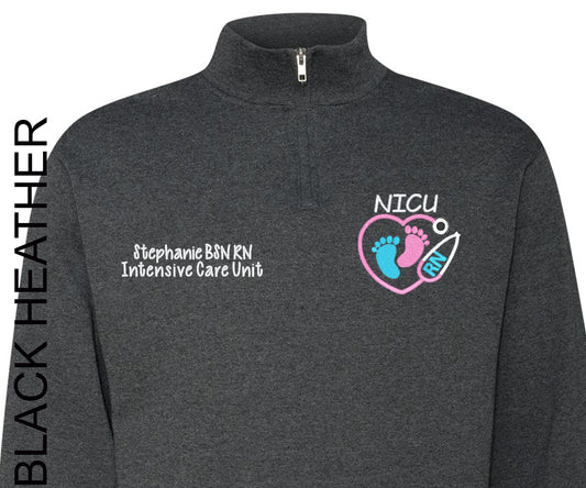 NICU Nurse Custom Embroidered Stethoscope with Footprint Medical Quarter Zip Sweatshirt